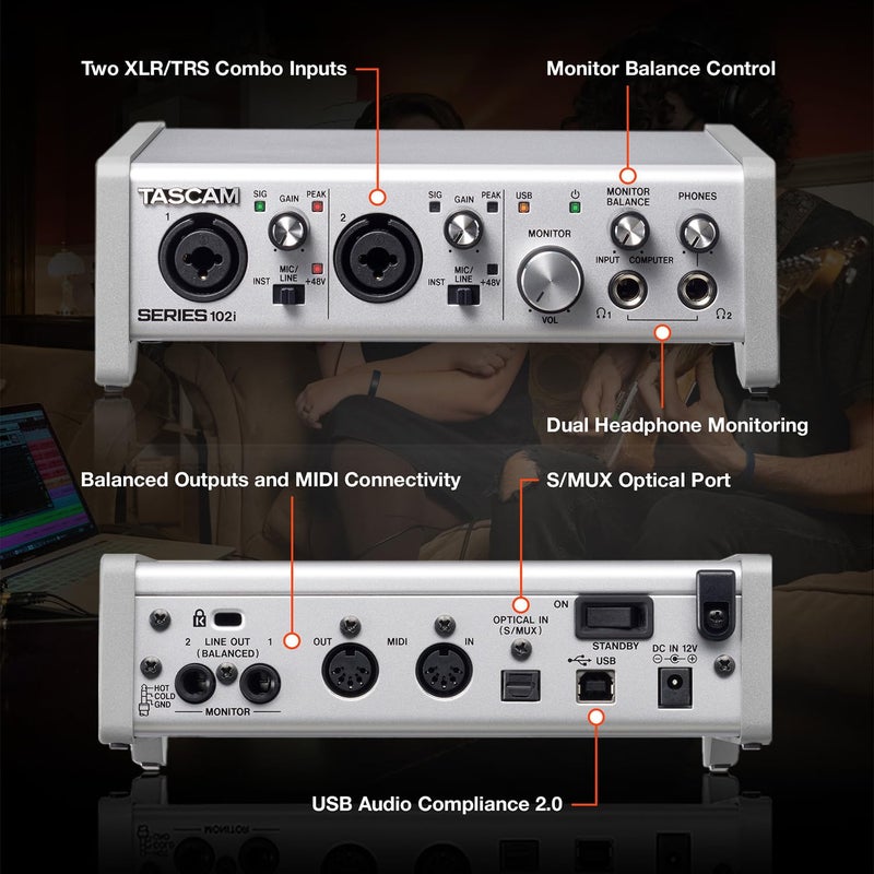 Tascam SERIES 102i 10 IN/2 OUT USB Audio Interface with MIDI, DAW Recording Software for Songwriting, Podcasting, Recording,Silver - Image 4